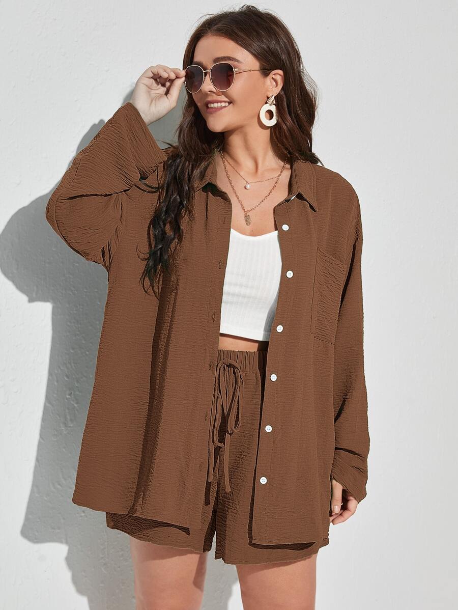 SHEIN EZwear Plus Textured Drop Shoulder Blouse & Shorts - Brown - View 1