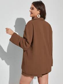SHEIN EZwear Plus Textured Drop Shoulder Blouse & Shorts - Brown - View 2