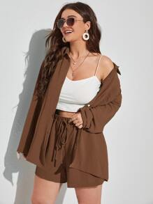 SHEIN EZwear Plus Textured Drop Shoulder Blouse & Shorts - Brown - View 3