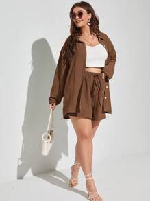 SHEIN EZwear Plus Textured Drop Shoulder Blouse & Shorts - Brown - View 6