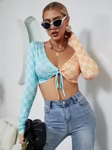 SHEIN Unity 格紋和印花前繫帶短款上衣 - 彩色 - 查看 1