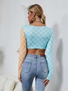 SHEIN Unity 格紋和印花前繫帶短款上衣 - 彩色 - 查看 2