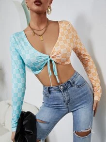 SHEIN Unity 格紋和印花前繫帶短款上衣 - 彩色 - 查看 3