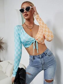 SHEIN Unity 格紋和印花前繫帶短款上衣 - 彩色 - 查看 5