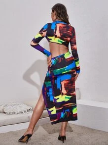 SHEIN BAE 筆刷圖案鏤空高衩連衣裙 - 彩色 - 查看 2