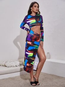 SHEIN BAE 筆刷圖案鏤空高衩連衣裙 - 彩色 - 查看 5