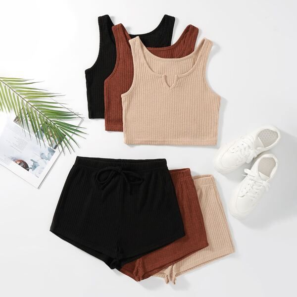

3pcs Notched Neck Crop Tank Top With 3pcs Shorts, Multicolor