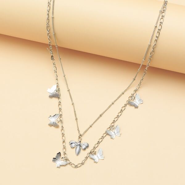 

Girls Butterfly Charm Layered Necklace, Silver