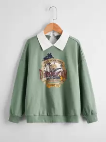 SHEIN Girls Contrast Collar Tropical & Letter Graphic Drop Shoulder Pullover - Army Green - View 1