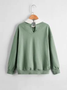 SHEIN Girls Contrast Collar Tropical & Letter Graphic Drop Shoulder Pullover - Army Green - View 2