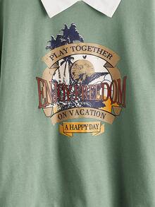 SHEIN Girls Contrast Collar Tropical & Letter Graphic Drop Shoulder Pullover - Army Green - View 3