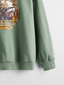 SHEIN Girls Contrast Collar Tropical & Letter Graphic Drop Shoulder Pullover - Army Green - View 4