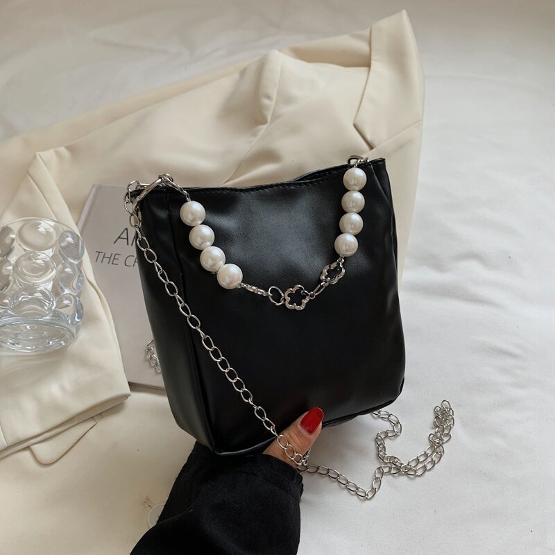 

Faux Pearl Decor Bucket Bag, Black