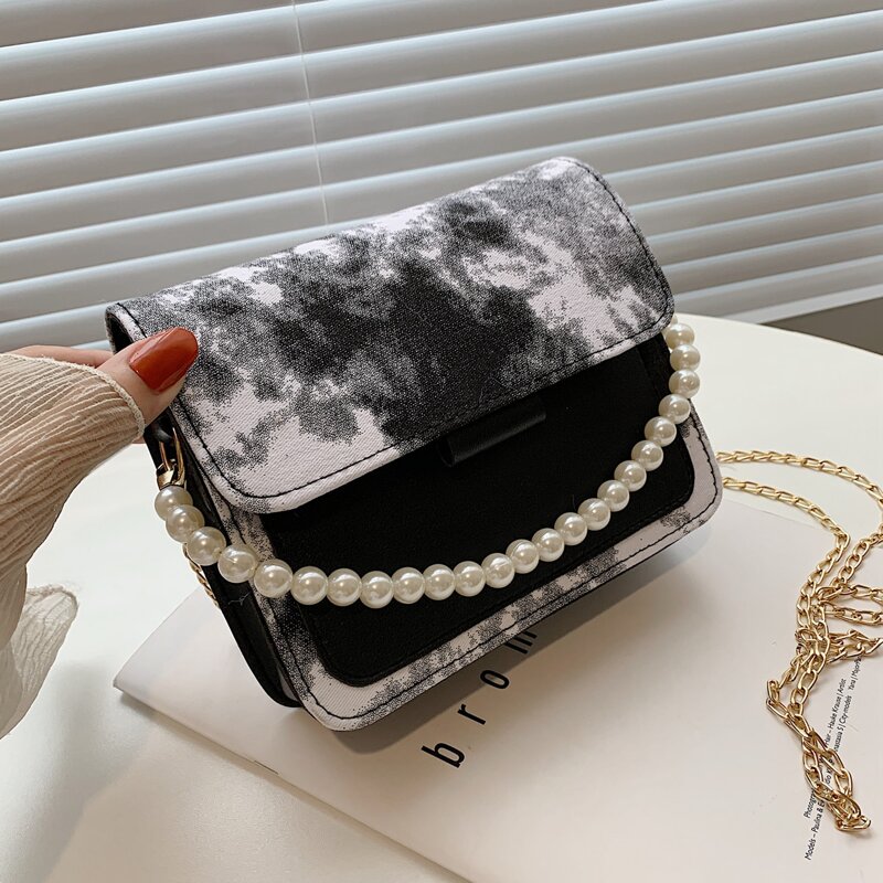 

Faux Pearl Decor Tie Dye Satchel Bag, Black