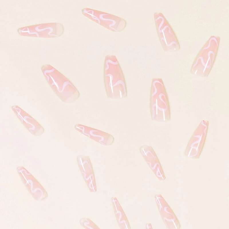 

24pcs Line Art Fake Nail, Pink