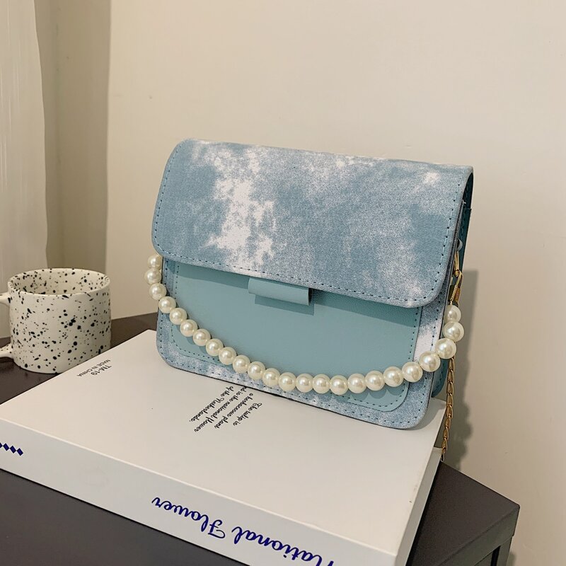 

Faux Pearl Decor Tie Dye Satchel Bag, Blue