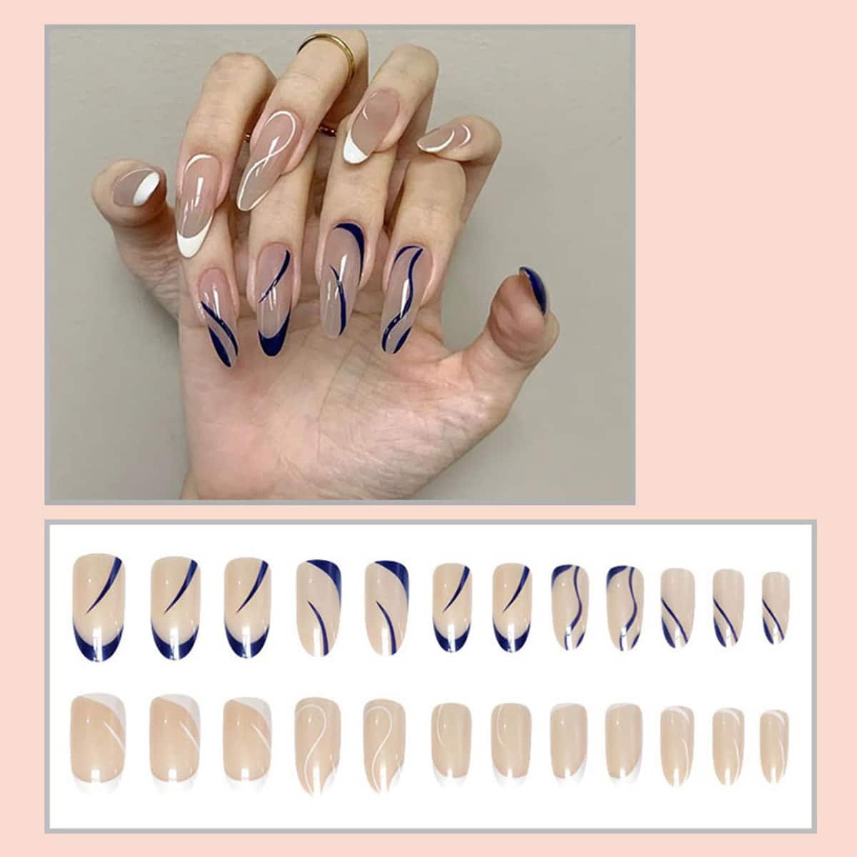 

24pcs Line Art Fake Nail, Blue