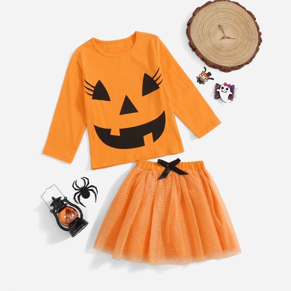 

Toddler Girls Halloween Costume Tee & Bow Front Mesh Skirt, Orange