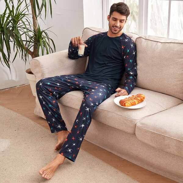 

Men Spider Print Raglan Sleeve PJ Set, Navy blue