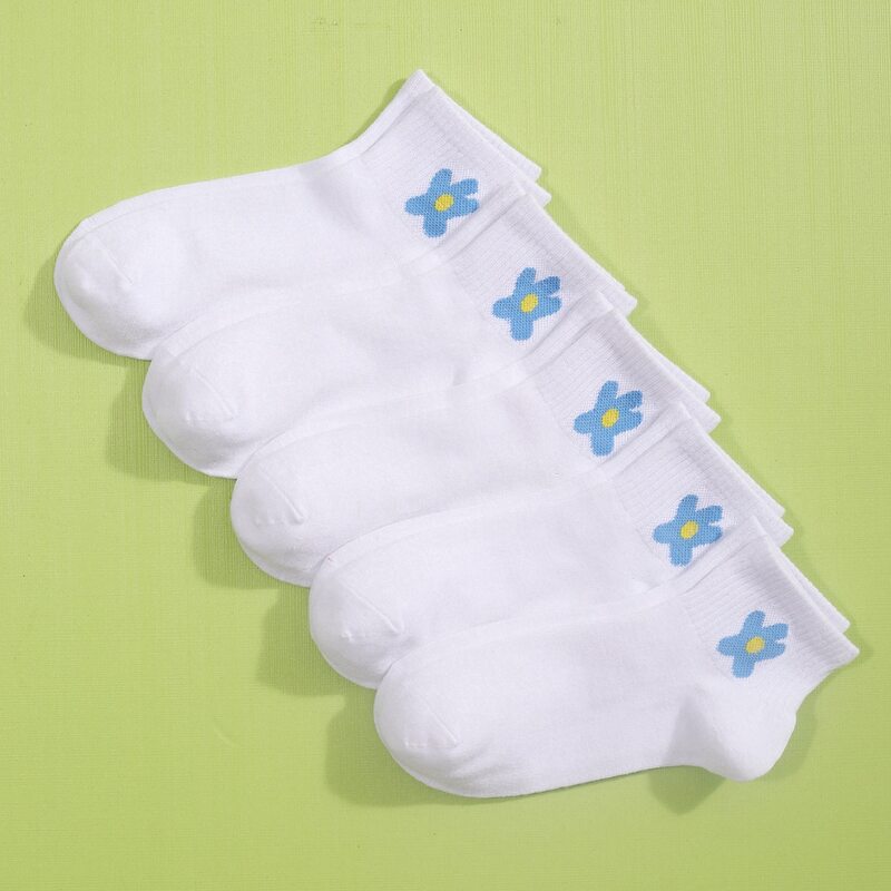 

5pairs Flower Print Crew Socks, White