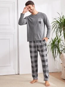 Conjunto de pantalón y camiseta de bolsillo a cuadros para hombre, ropa de otoño e invierno - Multicolor - Ver 1