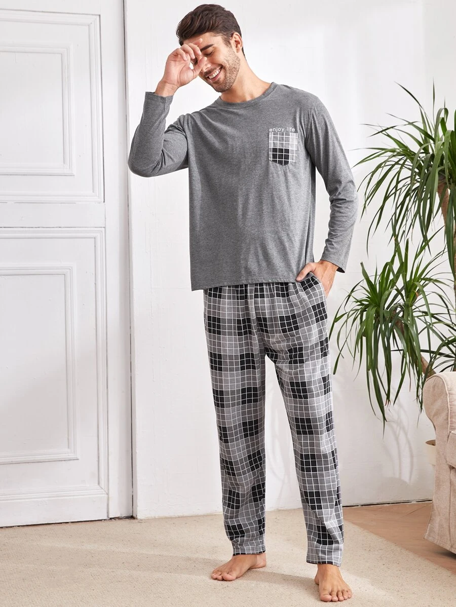 Conjunto de pantalón y camiseta de bolsillo a cuadros para hombre, ropa de otoño e invierno - Multicolor - Ver 1