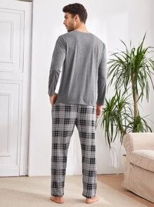 Conjunto de pantalón y camiseta de bolsillo a cuadros para hombre, ropa de otoño e invierno - Multicolor - Ver 2