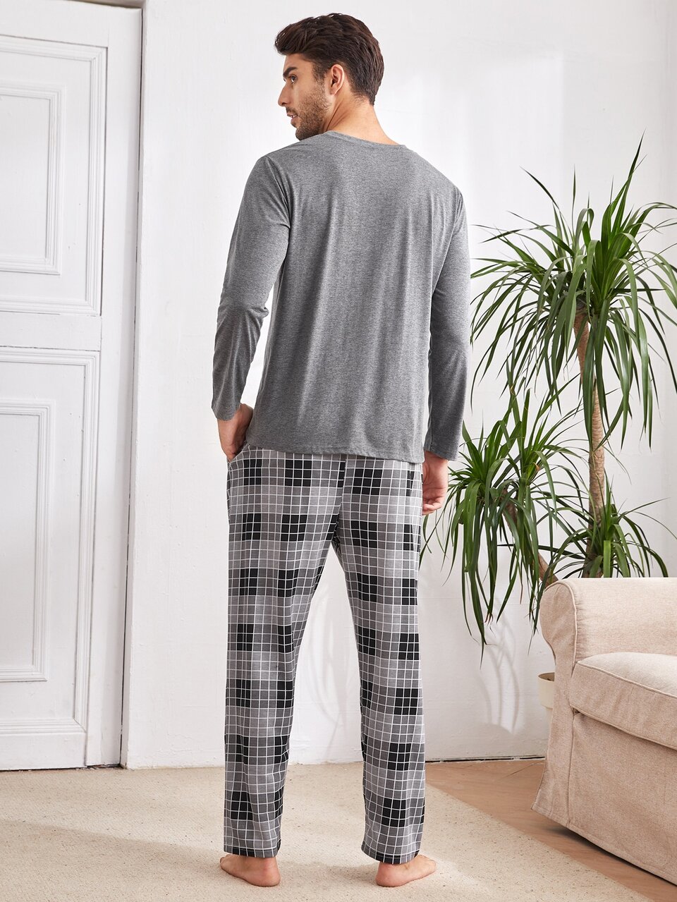 Men Plaid Pocket Tee & Pants Lounge Set, Fall Winter Clothes