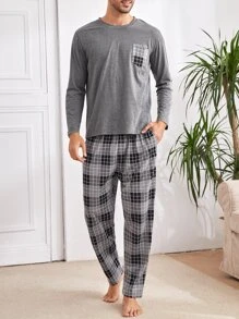 Conjunto de pantalón y camiseta de bolsillo a cuadros para hombre, ropa de otoño e invierno - Multicolor - Ver 3