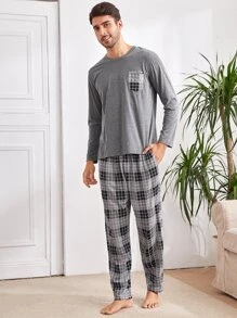 Conjunto de pantalón y camiseta de bolsillo a cuadros para hombre, ropa de otoño e invierno - Multicolor - Ver 5