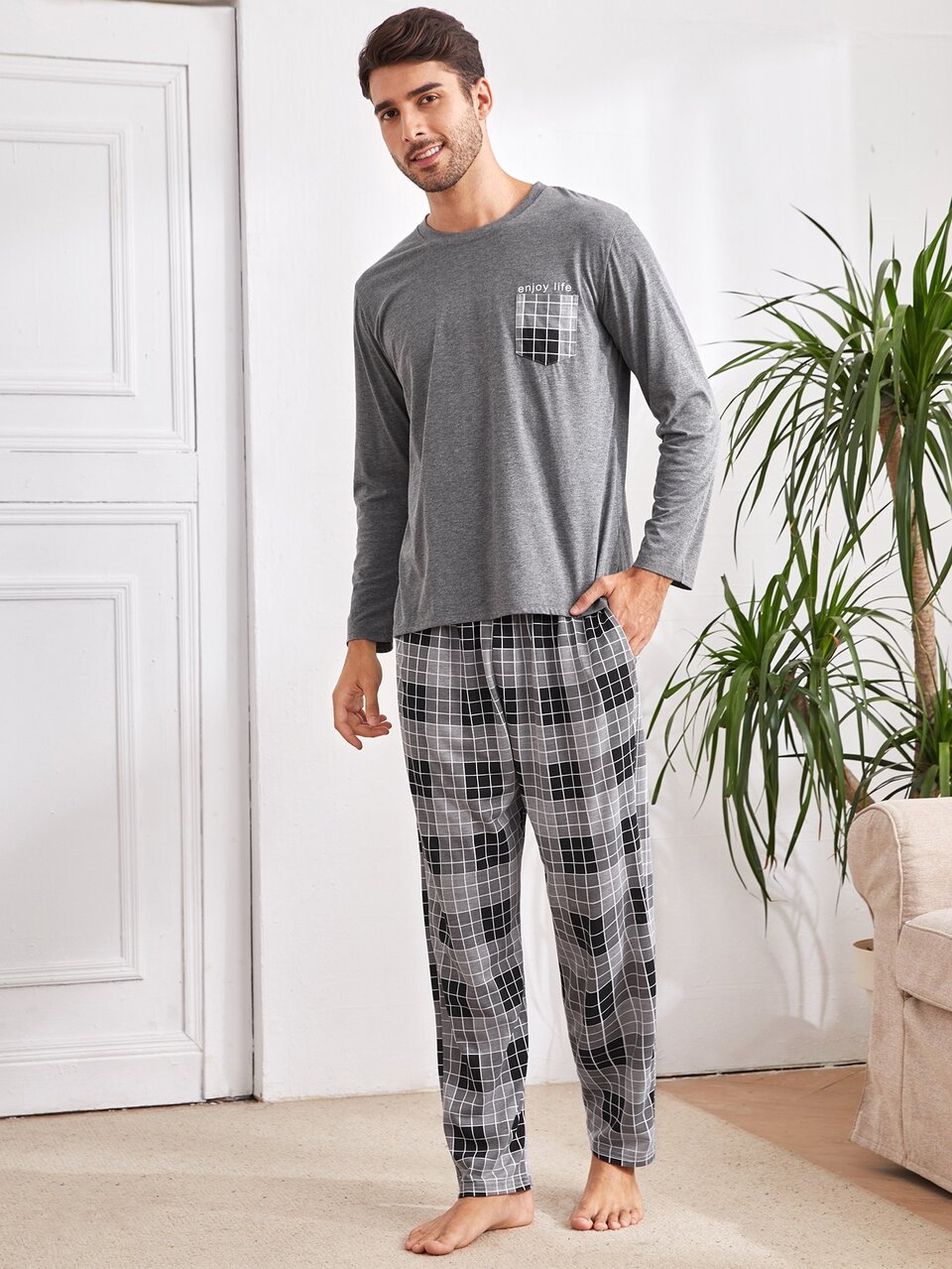 Men Plaid Pocket Tee & Pants Lounge Set, Fall Winter Clothes