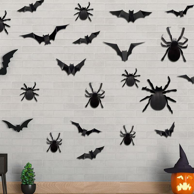

24pcs 3D Halloween Bat & Spider Shaped Wall Sticker, Black