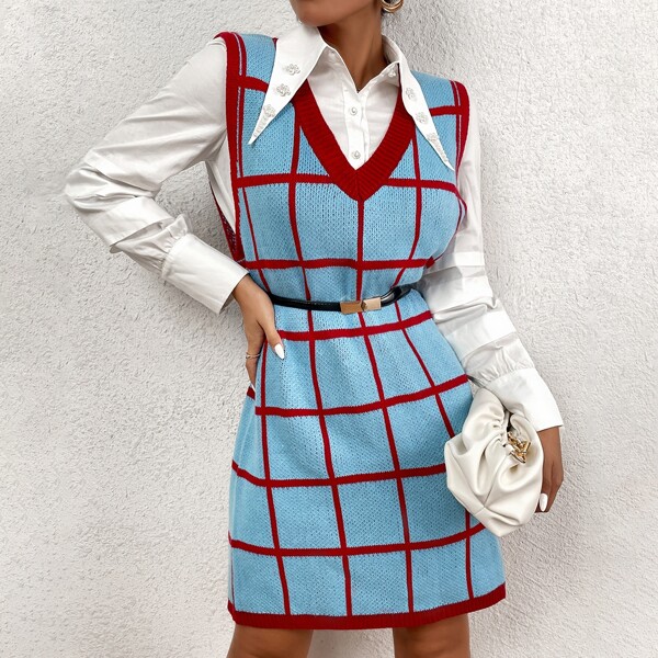 

Plaid Pattern Sleeveless Sweater Dress, Blue