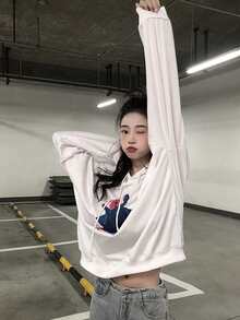 小熊圖案落肩袖大碼連帽衫 - 白色 - 查看 1