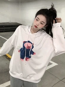 小熊圖案落肩袖大碼連帽衫 - 白色 - 查看 3