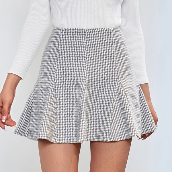 

Houndstooth Print Tweed A-Line Skirt, Grey
