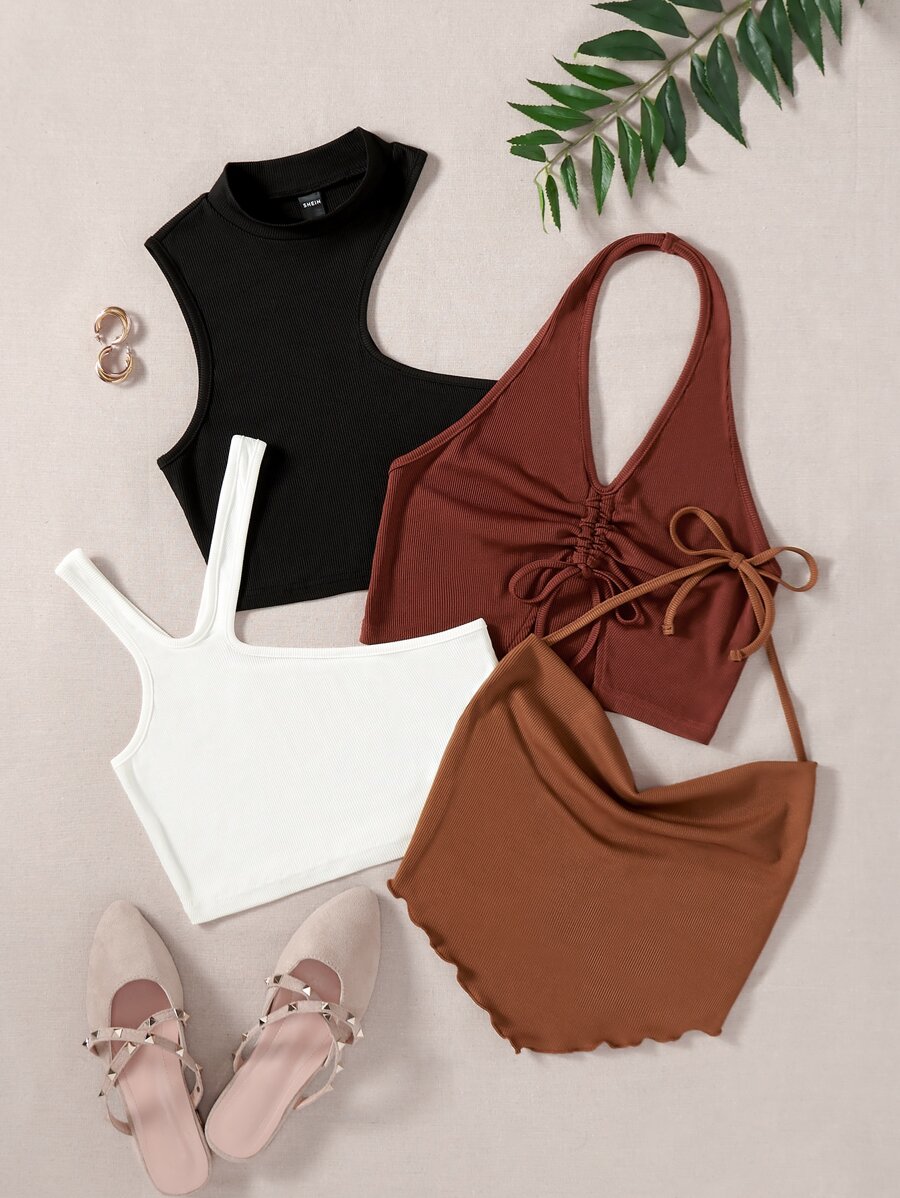 SHEIN Unity Áo hai dây Dây kéo Xù nhỏ Buộc lại màu trơn Gợi cảm - Nhiều màu - Xem 1