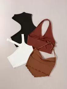 SHEIN Unity Áo hai dây Dây kéo Xù nhỏ Buộc lại màu trơn Gợi cảm - Nhiều màu - Xem 2