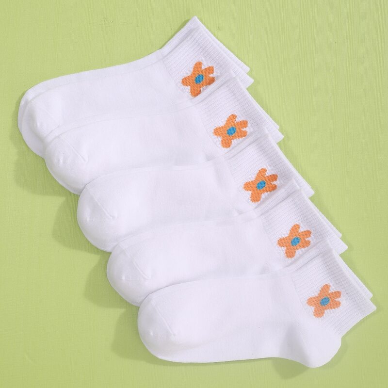 

5pairs Flower Print Crew Socks, White