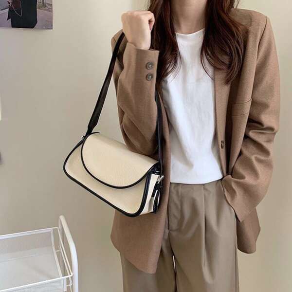 

Contrast Binding Flap Baguette Bag, White