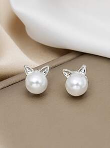 人造珍珠耳釘 - 銀色 - 查看 1