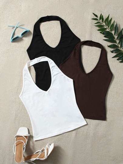 SHEIN EZwear Summer 3pcs Solid Backless Spaghetti Strap Top Vacation Black Chocolate Brown White Sexy Night Out