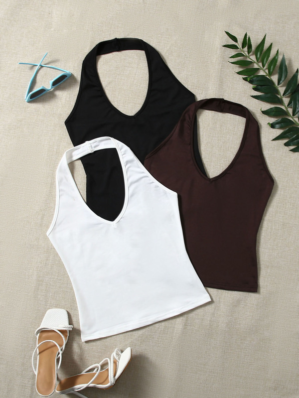 SHEIN EZwear 3 Piezas De Blusas Veraniegas Tipo Halter, Sólido Color Y Sin Espalda
