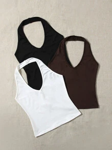 SHEIN EZwear Summer 3pcs Solid Backless Halter Top