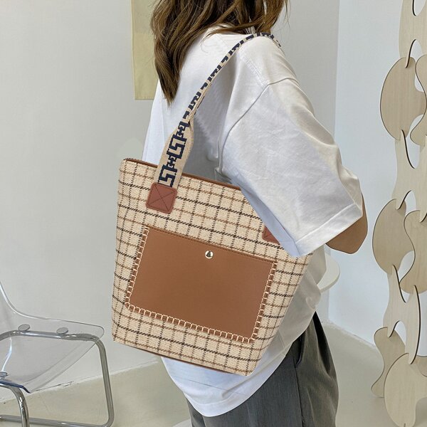 

Stitch Detail Plaid Pattern Shoulder Tote Bag, Multicolor