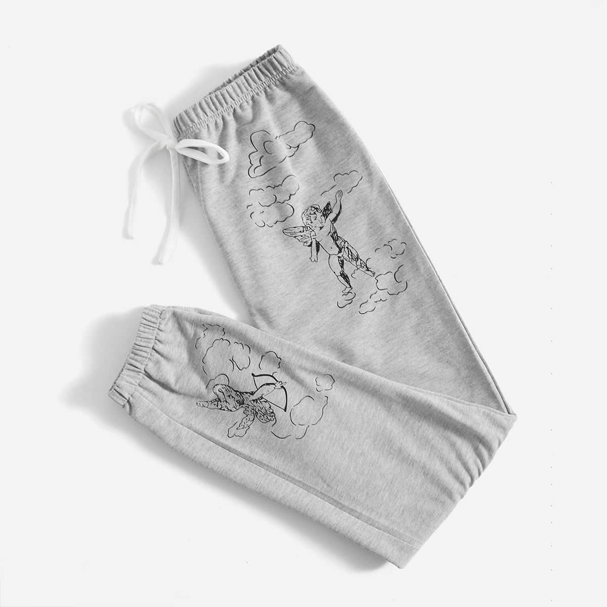 

Figure Print Tie Front Sweatpants, Light grey
