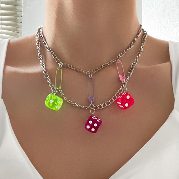 

Dice Charm Layered Necklace, Multicolor