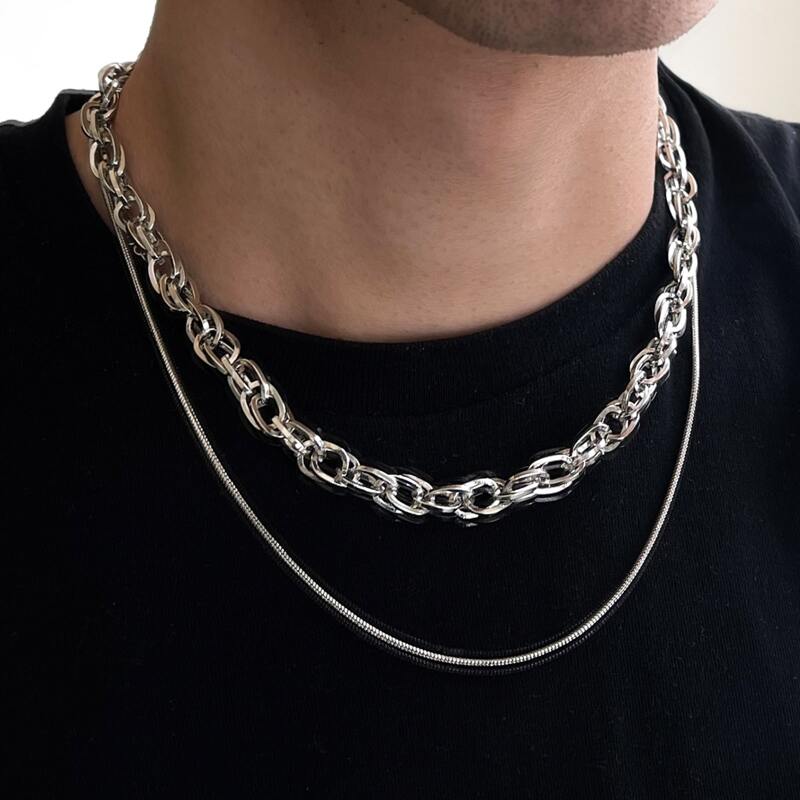 

Guys Minimalist Layered Chain Necklace, Silver