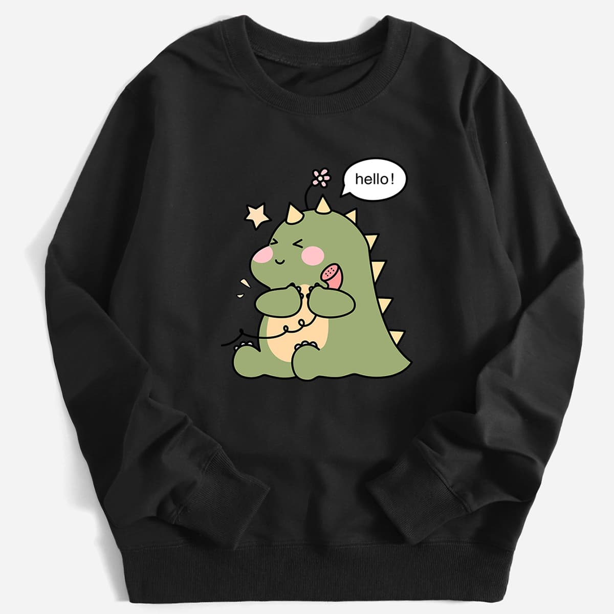 

Letter Cartoon Dinosaur Graphic Sweatshirt, Black