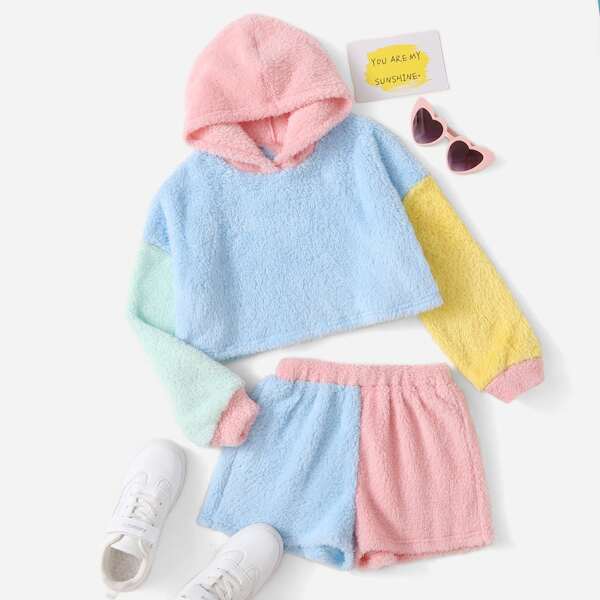 

Girls Color Block Hoodie & Shorts, Multicolor